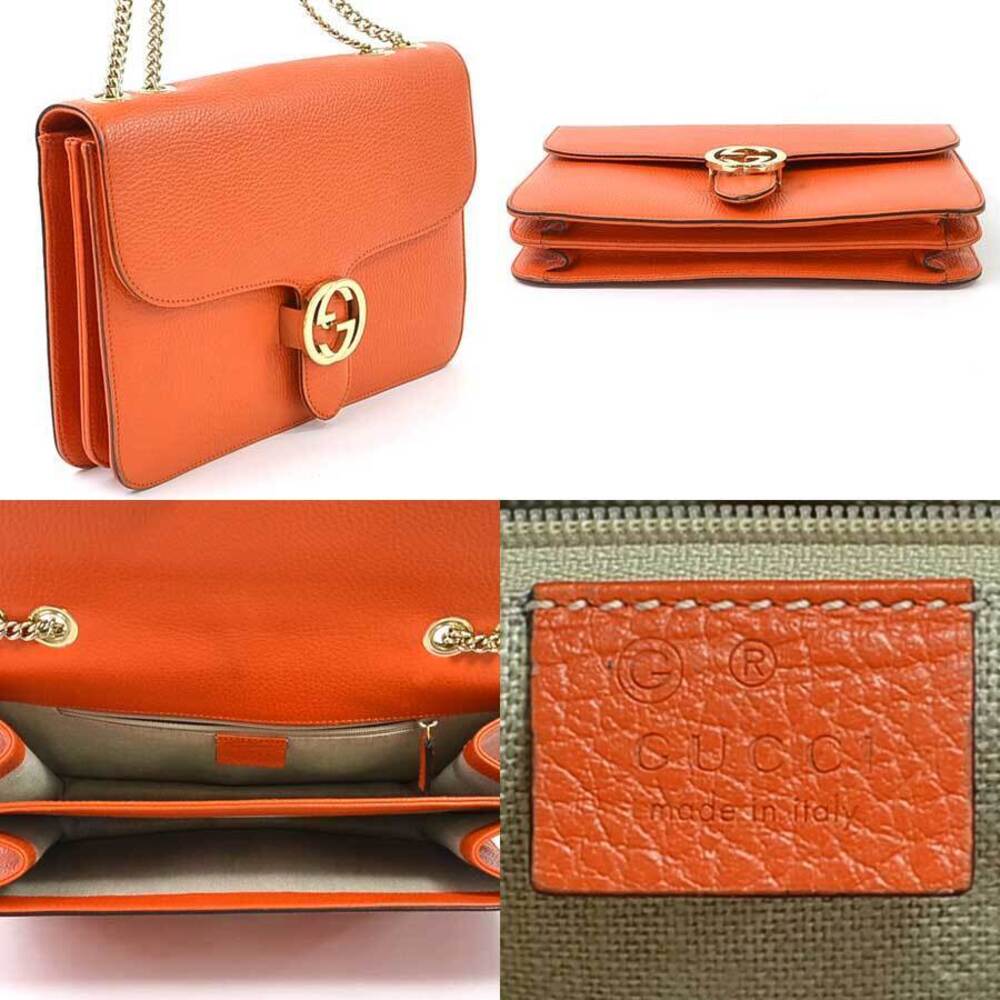 Gucci GG Leather Bag Shoulder Chain Interlocking Orange